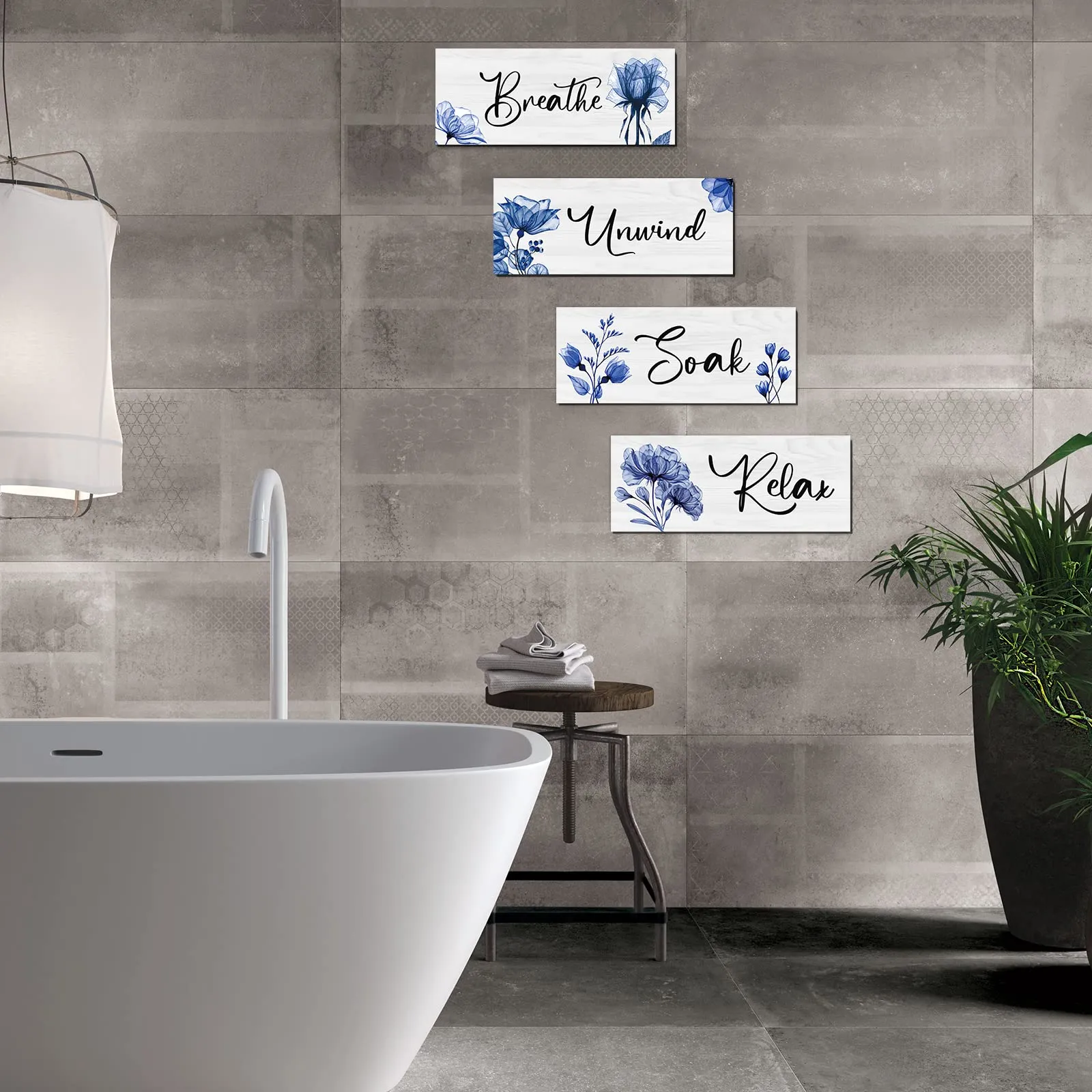 4 Pieces Bathroom Wall Art Rustic Farmhouse Bathroom Wall Decor Sign Relax Soak Unwind Breathe Wood Hanging Sign for Home Spa Bathroom Laundry Decor