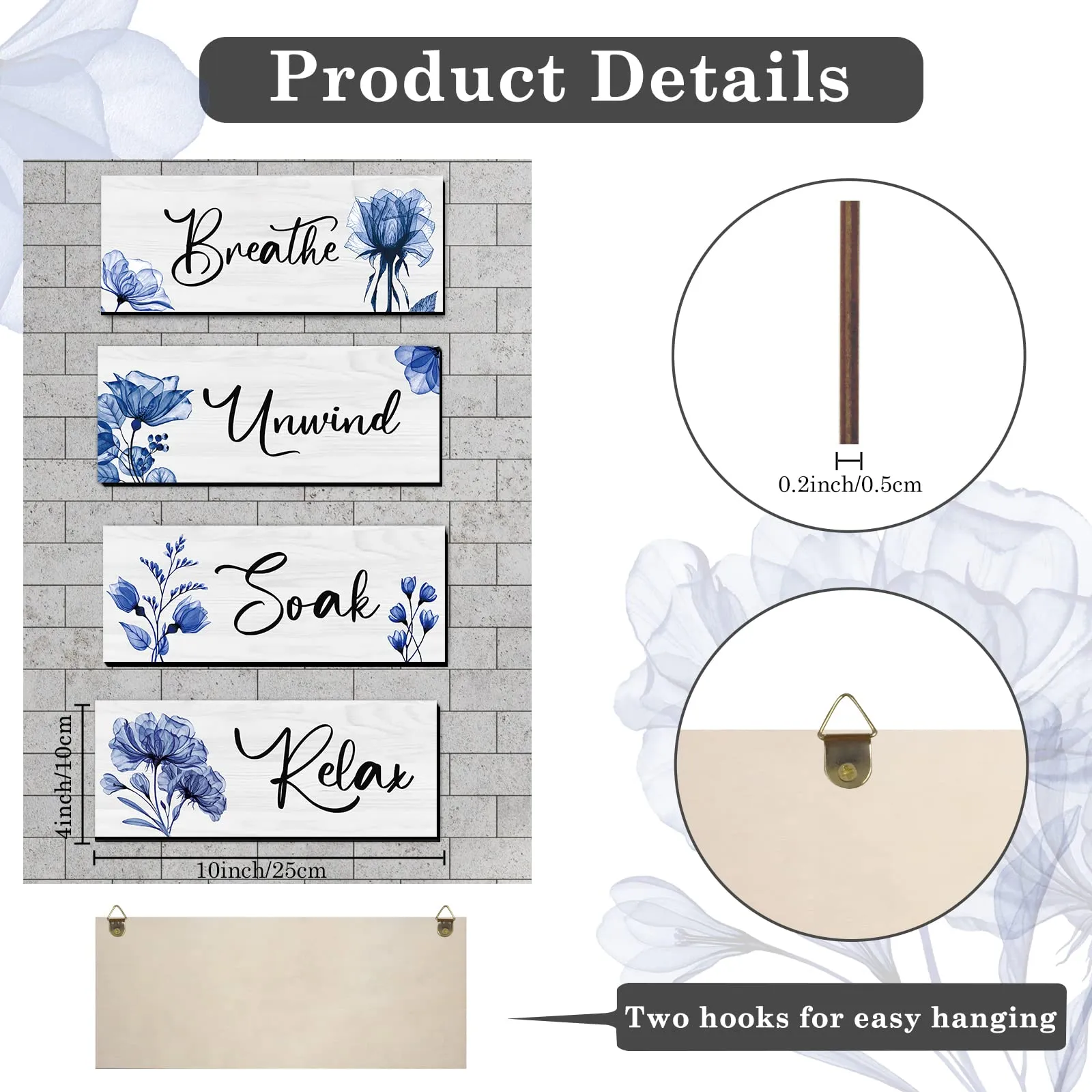 4 Pieces Bathroom Wall Art Rustic Farmhouse Bathroom Wall Decor Sign Relax Soak Unwind Breathe Wood Hanging Sign for Home Spa Bathroom Laundry Decor