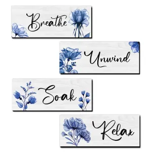 4 Pieces Bathroom Wall Art Rustic Farmhouse Bathroom Wall Decor Sign Relax Soak Unwind Breathe Wood Hanging Sign for Home Spa Bathroom Laundry Decor