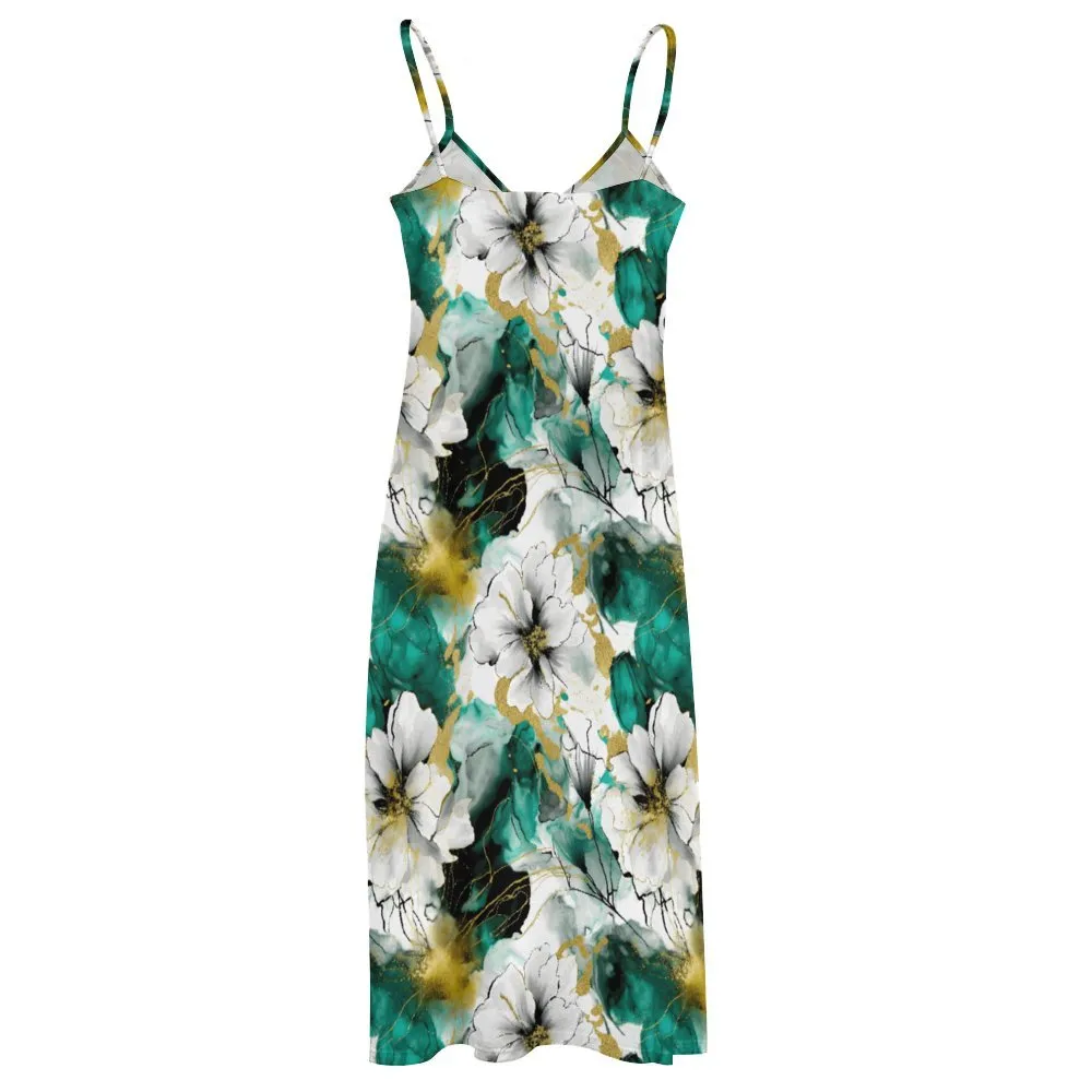 Alcohol Ink Floral Green Spaghetti Strap Ankle-Length Dress Long dress