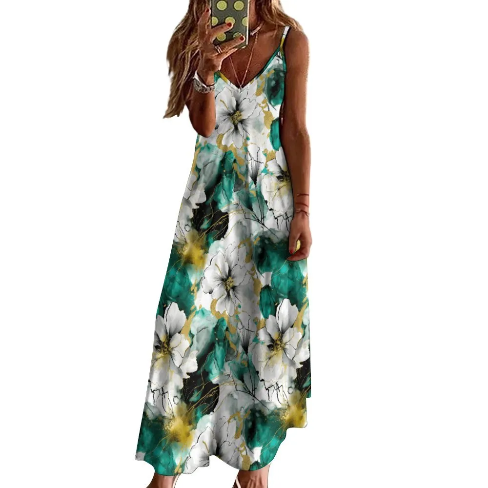 Alcohol Ink Floral Green Spaghetti Strap Ankle-Length Dress Long dress