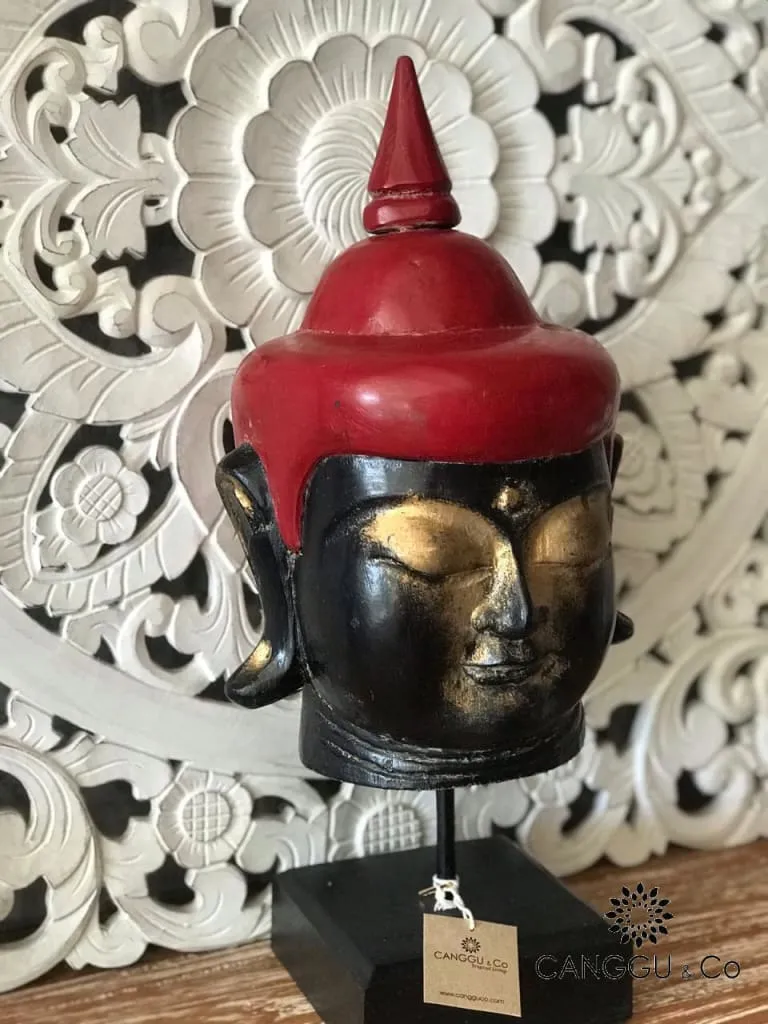 Antique Wooden Buddha Head (Black & Red)