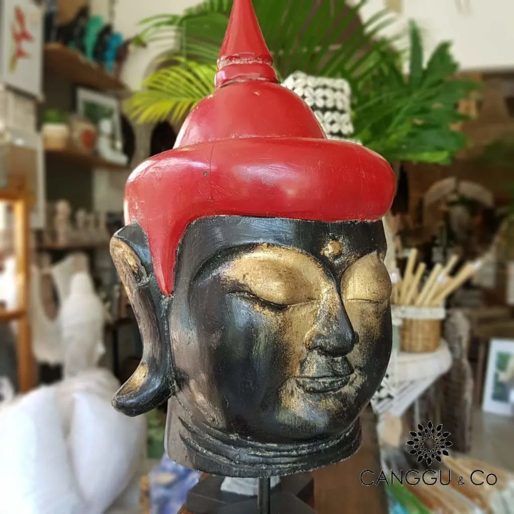 Antique Wooden Buddha Head (Black & Red)