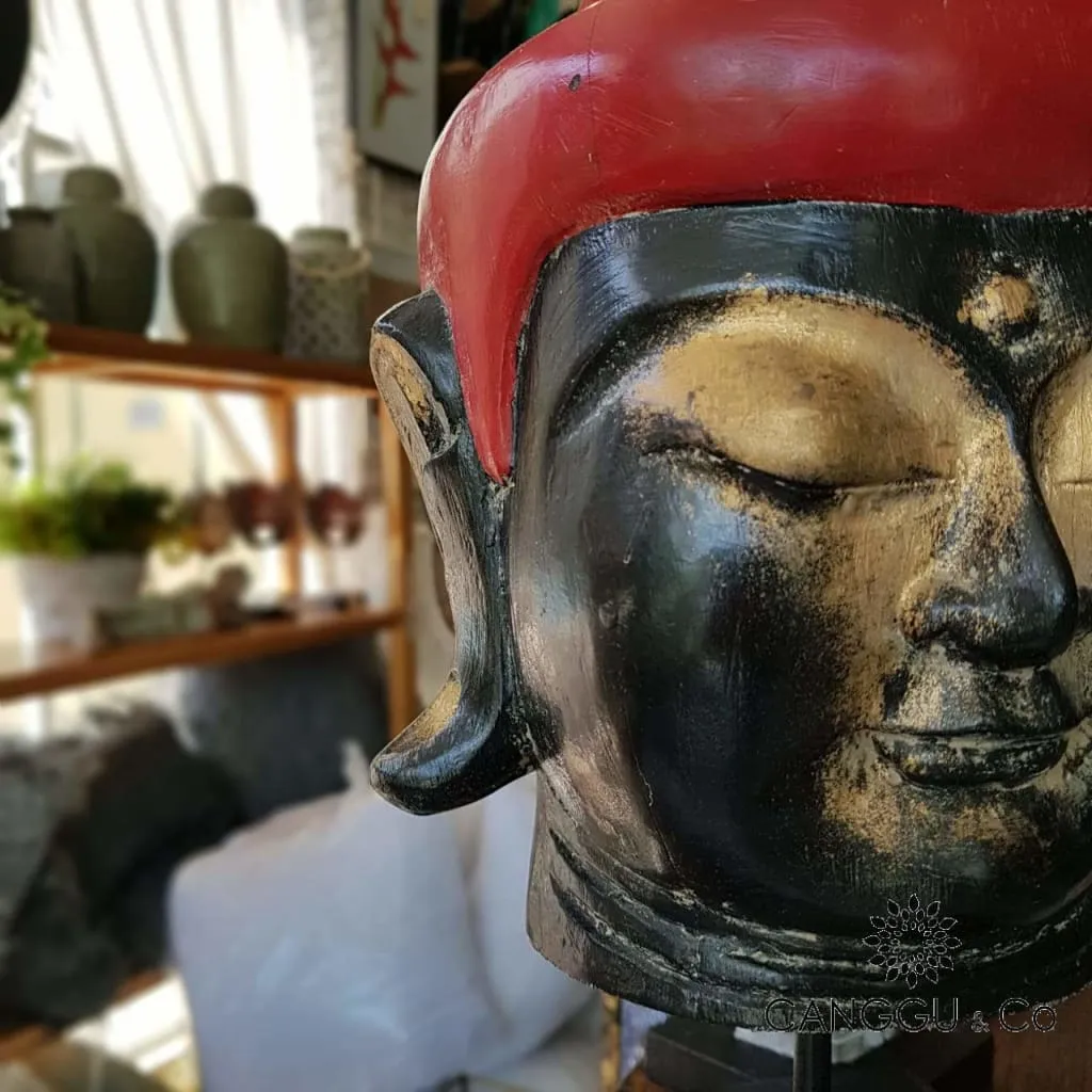 Antique Wooden Buddha Head (Black & Red)