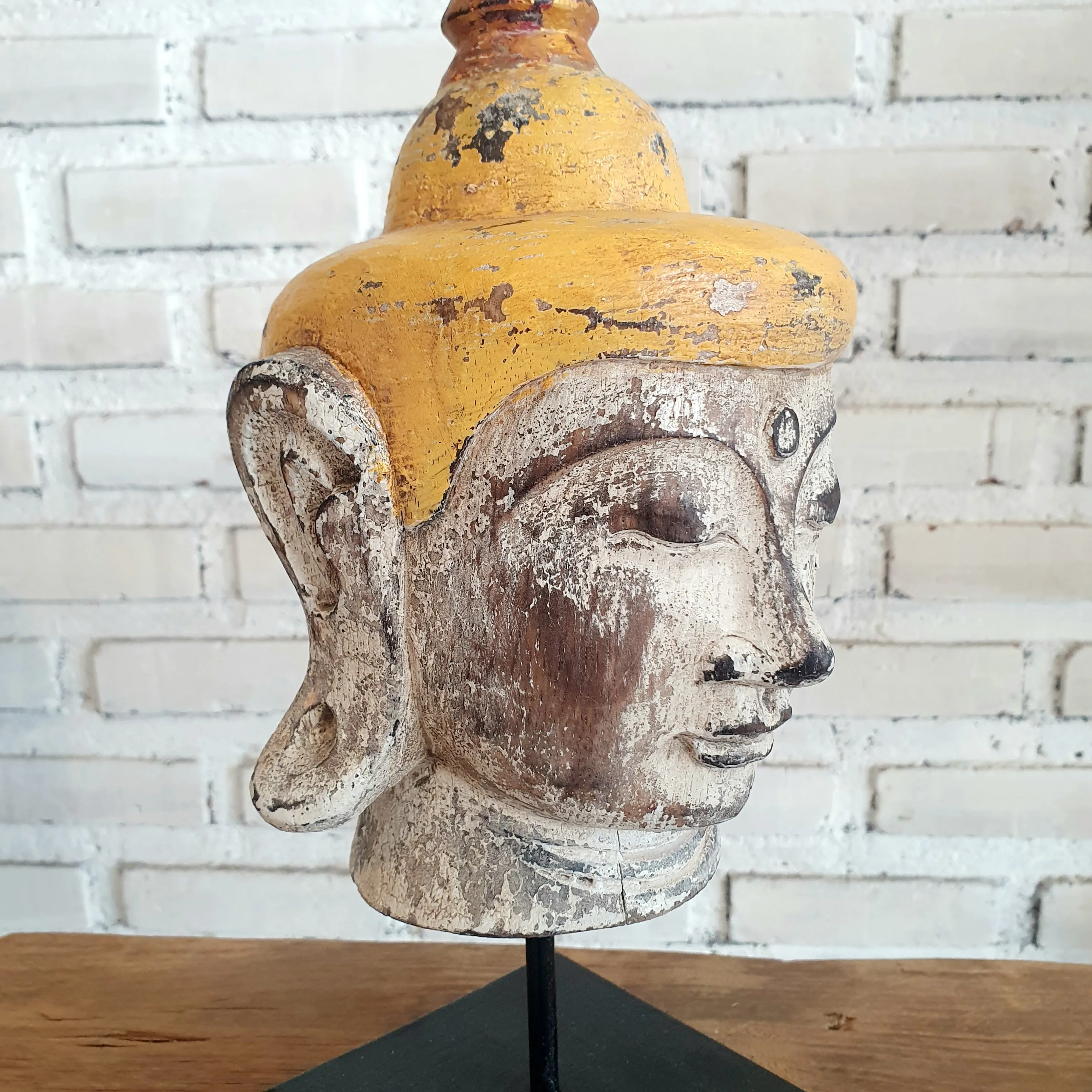 Antique Wooden Buddha Head (Yellow & Natural)