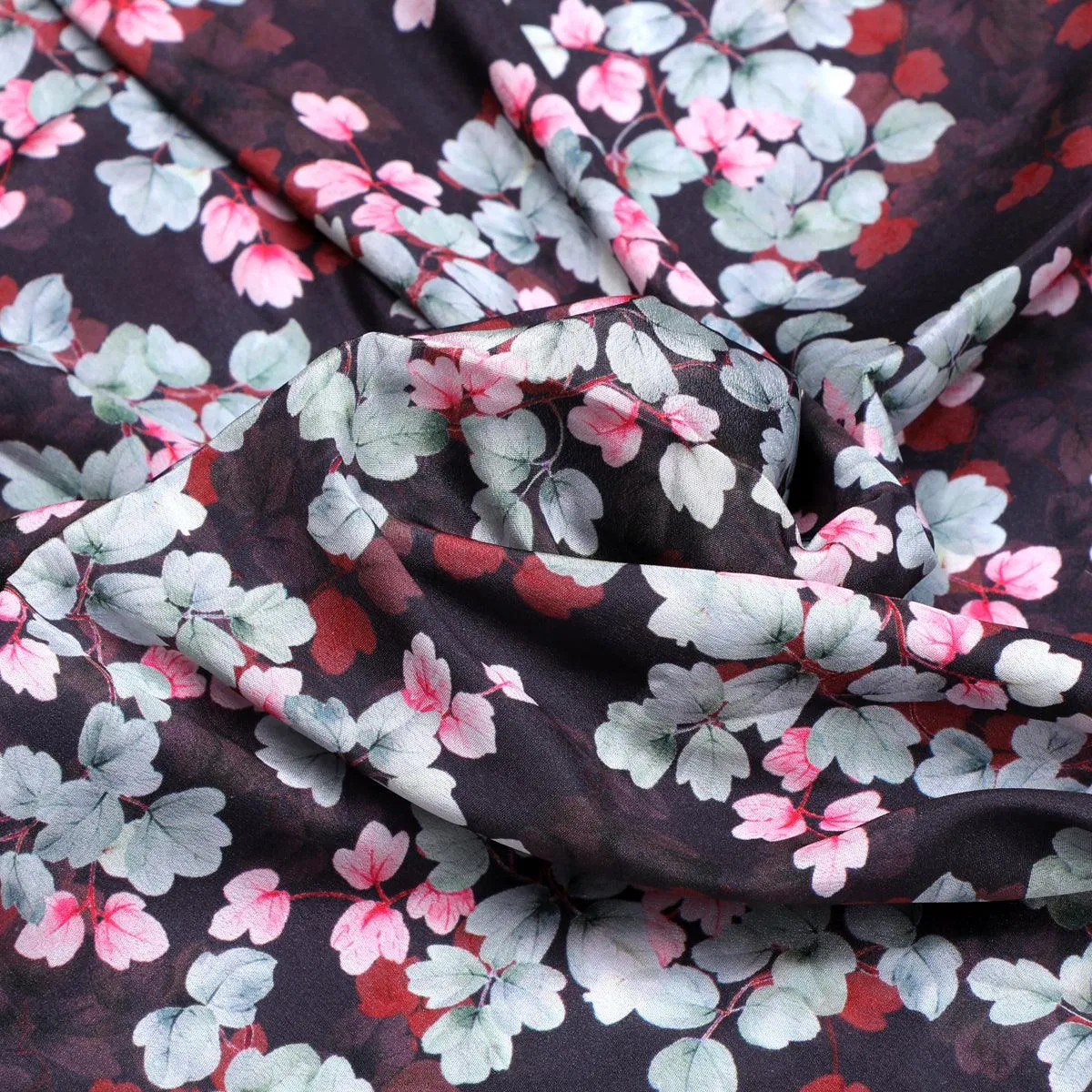 Beautiful Pink With Grey Leaves Digital Printed Fabric - Silk Crepe