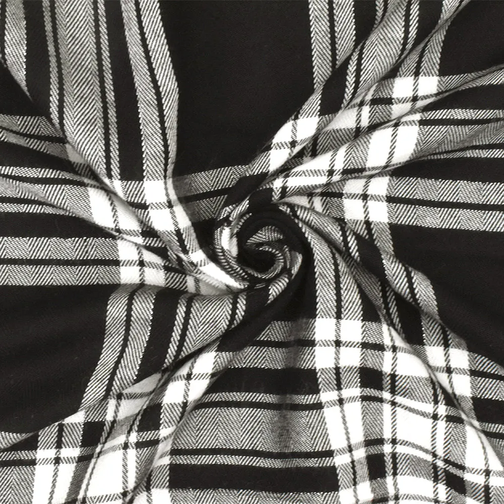 Black-White-Silver Famous Designer Plaid Herringbone Rayon Twill Fabric