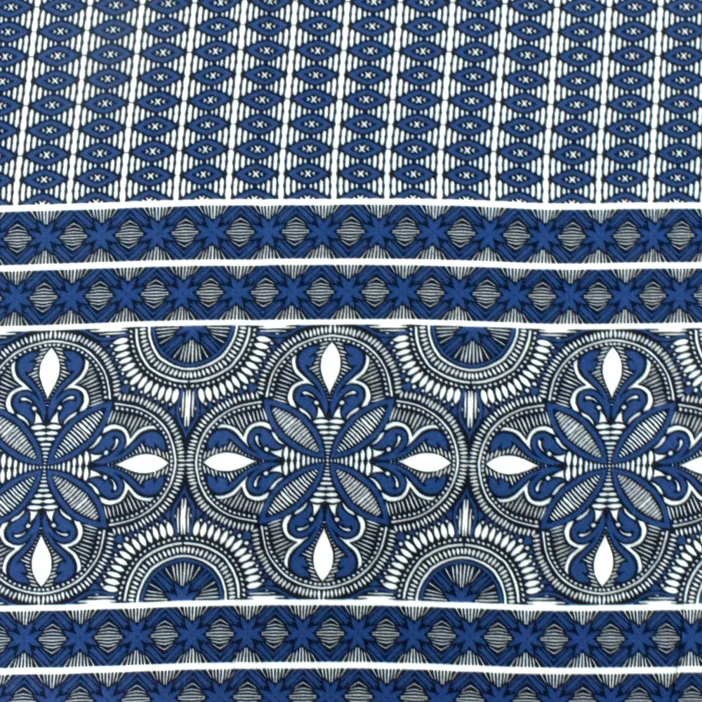 Blue-Ivory-Navy Famous Designer Moroccan Print Rayon Crepe Faille Fabric