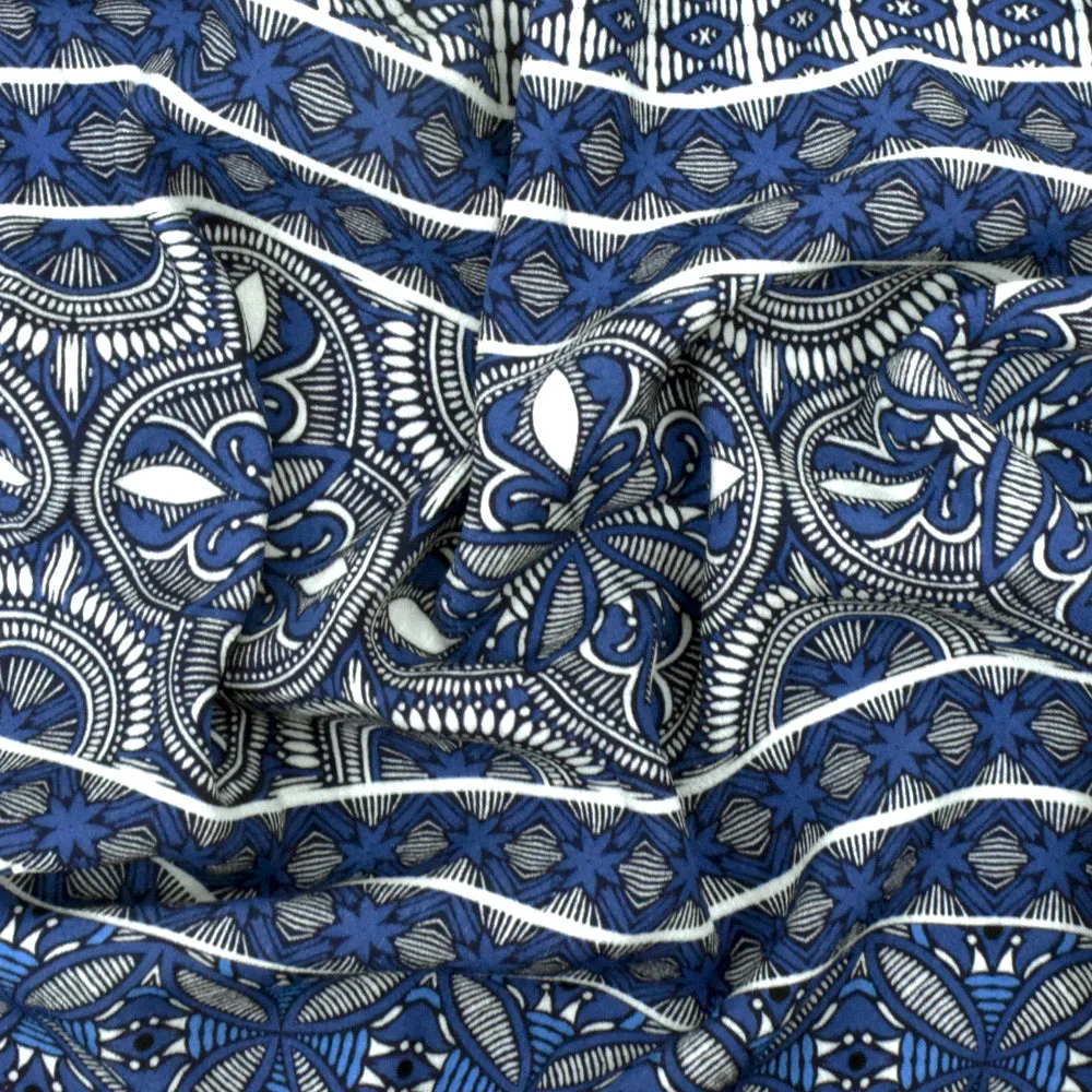 Blue-Ivory-Navy Famous Designer Moroccan Print Rayon Crepe Faille Fabric