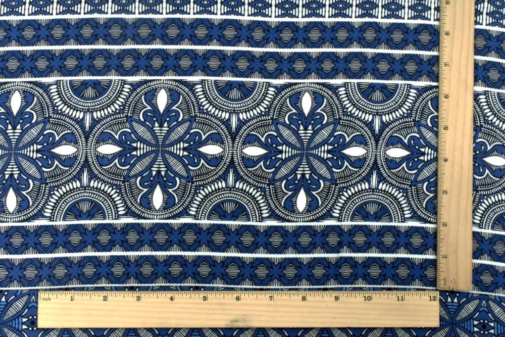 Blue-Ivory-Navy Famous Designer Moroccan Print Rayon Crepe Faille Fabric