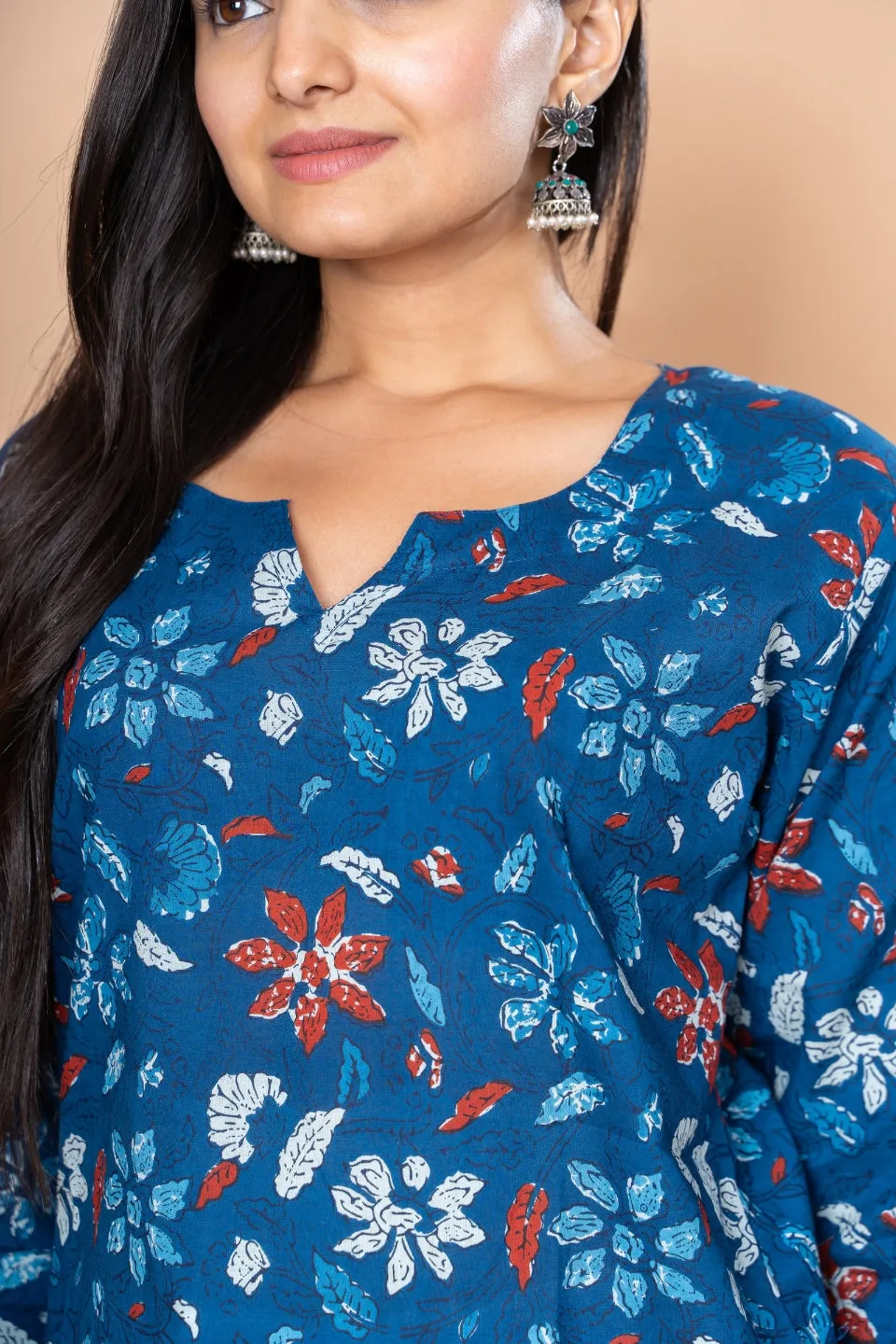 Ekisha's women blue designer floral printed cotton tunic top short kurti