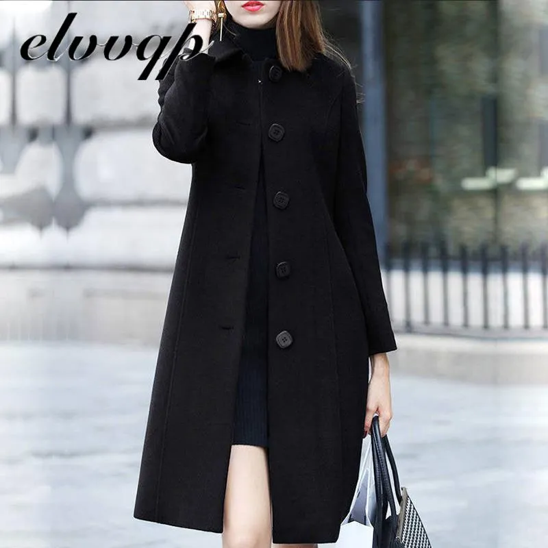 Fashion British Solid Button Woolen Coat Women Long Sleeve