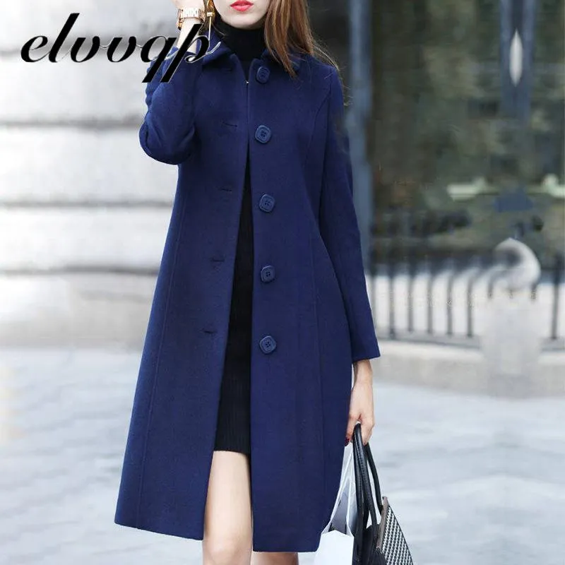 Fashion British Solid Button Woolen Coat Women Long Sleeve