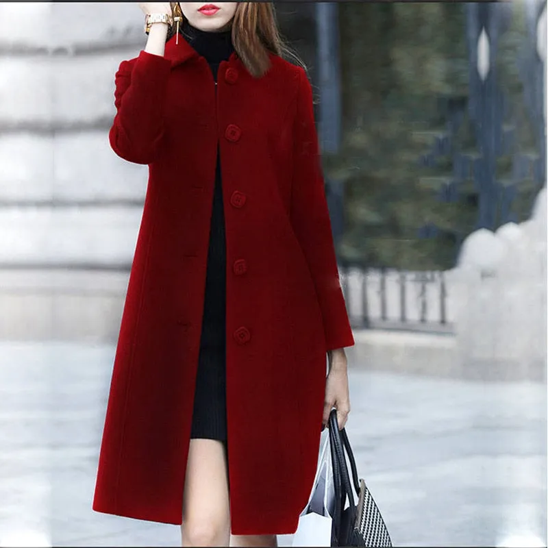 Fashion British Solid Button Woolen Coat Women Long Sleeve