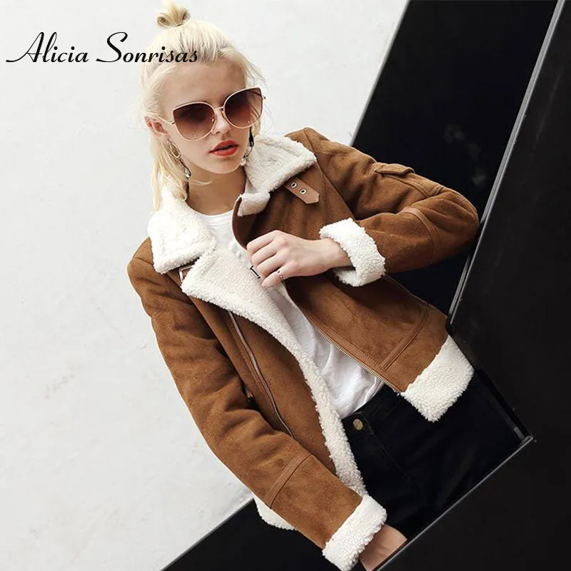 Faux Shearling Leather Jacket Women Winter  Short Motorcycle Coats