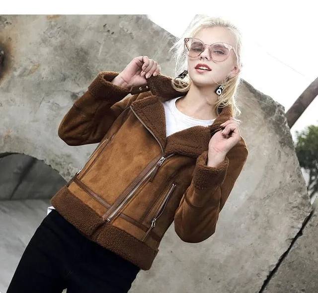 Faux Shearling Leather Jacket Women Winter  Short Motorcycle Coats