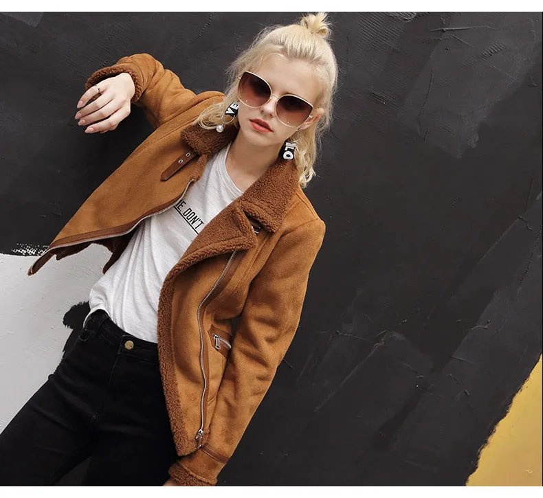 Faux Shearling Leather Jacket Women Winter  Short Motorcycle Coats