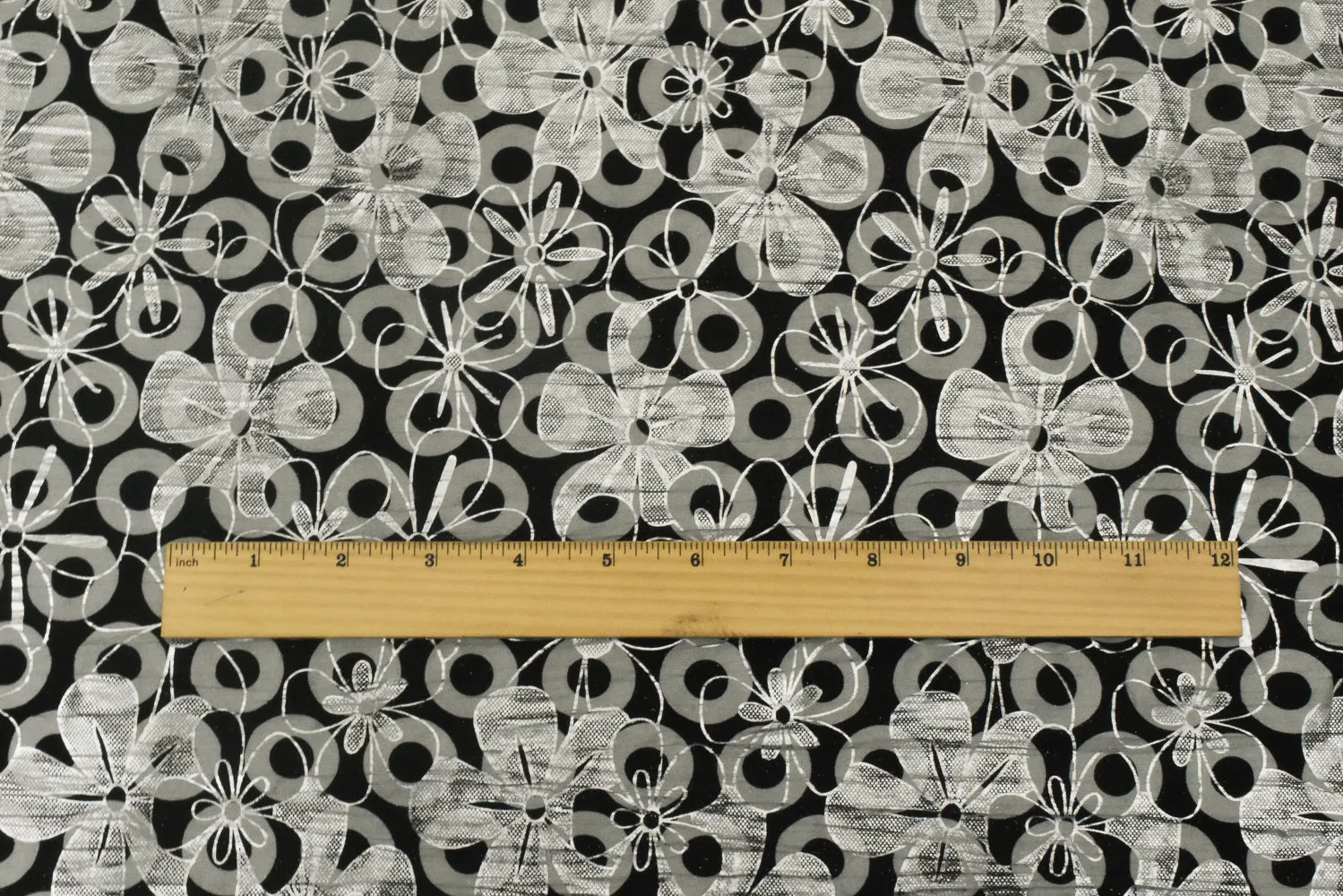 Gray-Silver-Black Floral Foil And Circle Printed Crinkle Poly Woven Fabric