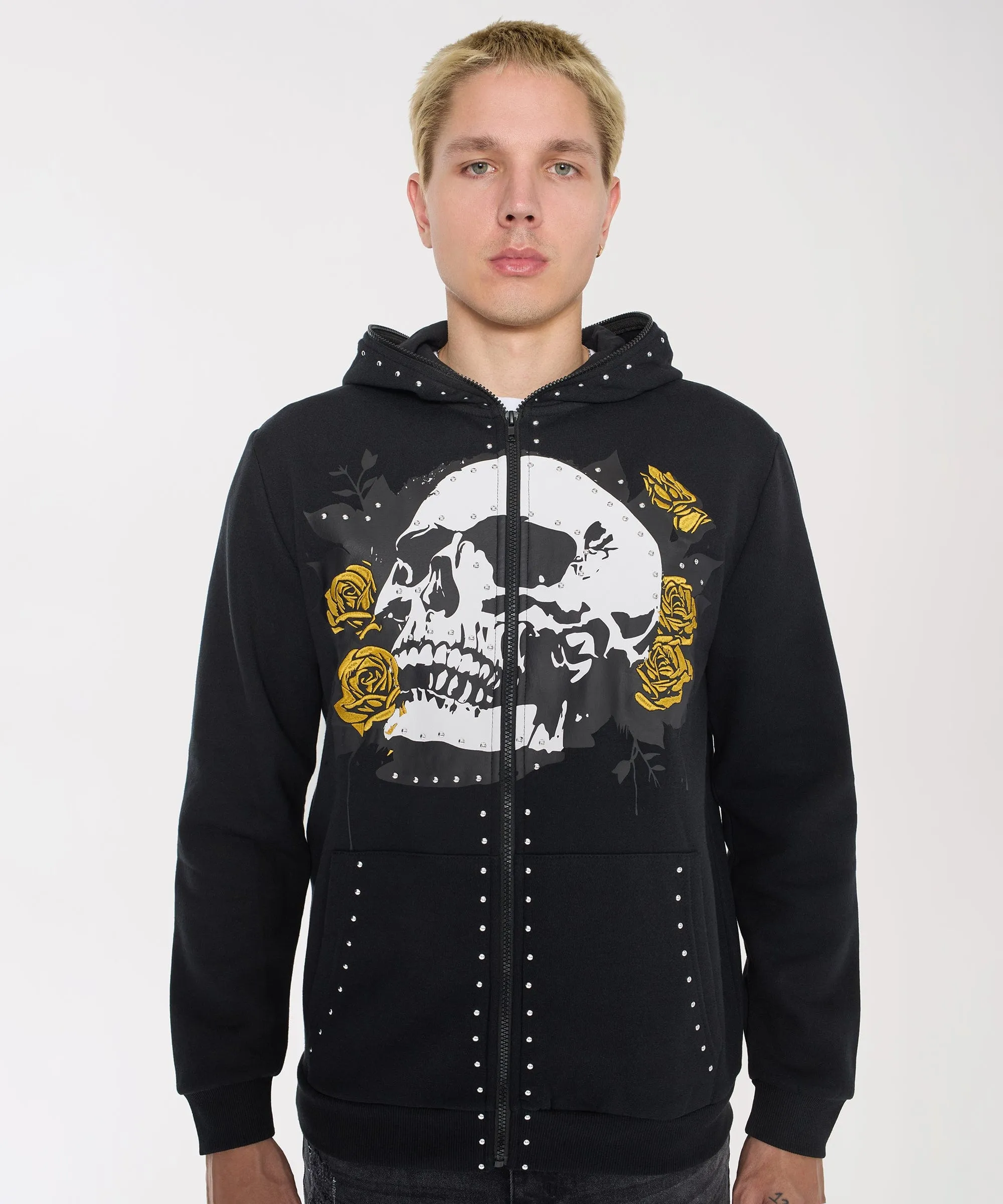 Grind Over Glory Rhinestone Full Zip Hoodie - Black