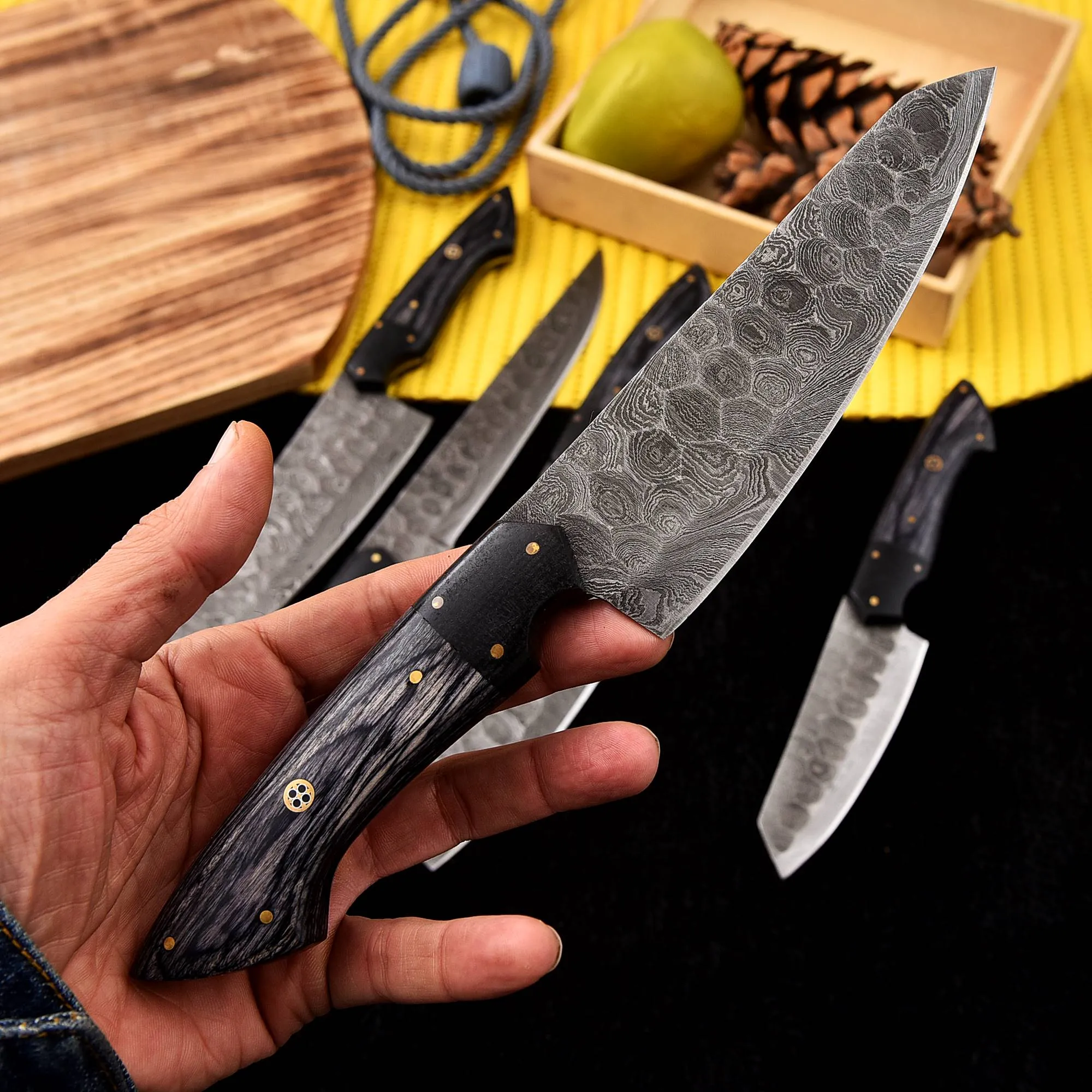 Handmade Damascus Steel Chef Knife Set - Full Tang, 5 Pieces