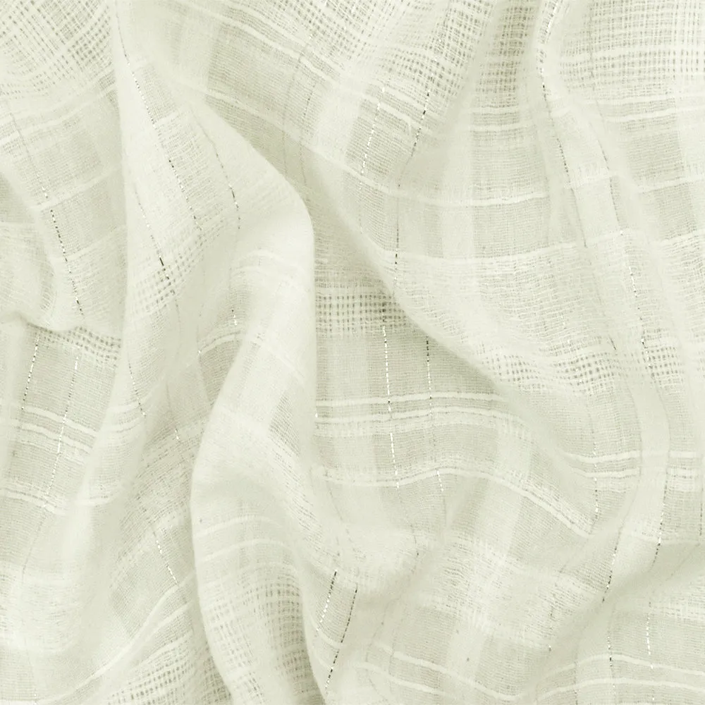 Ivory-Silver Famous Designer Semi-Sheer Plaid Texture Woven Fabric