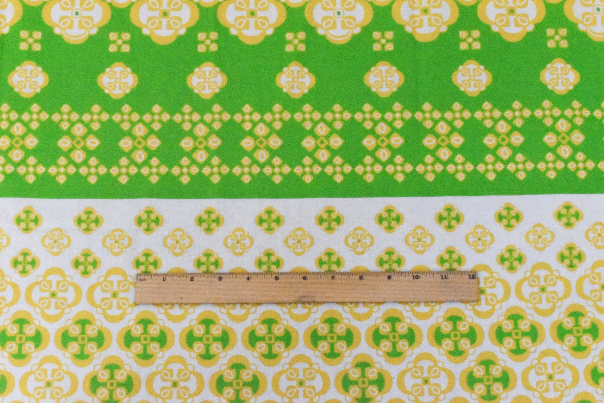 Ivory-Yellow-Green Striped Quatrefoil Printed Cotton Voile Woven Fabric