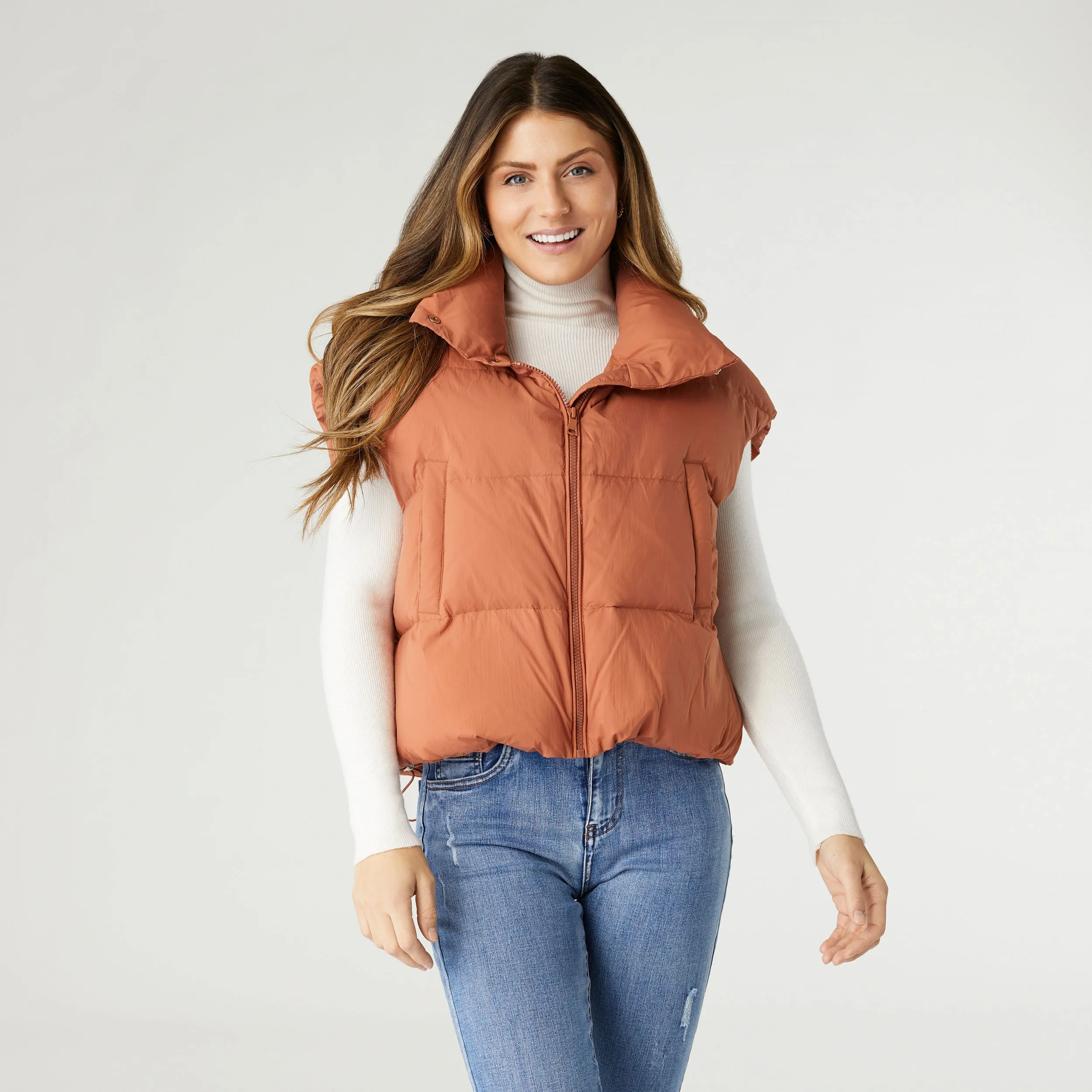 Jana Chunky Down Vest with Cinched Bottom - Rust