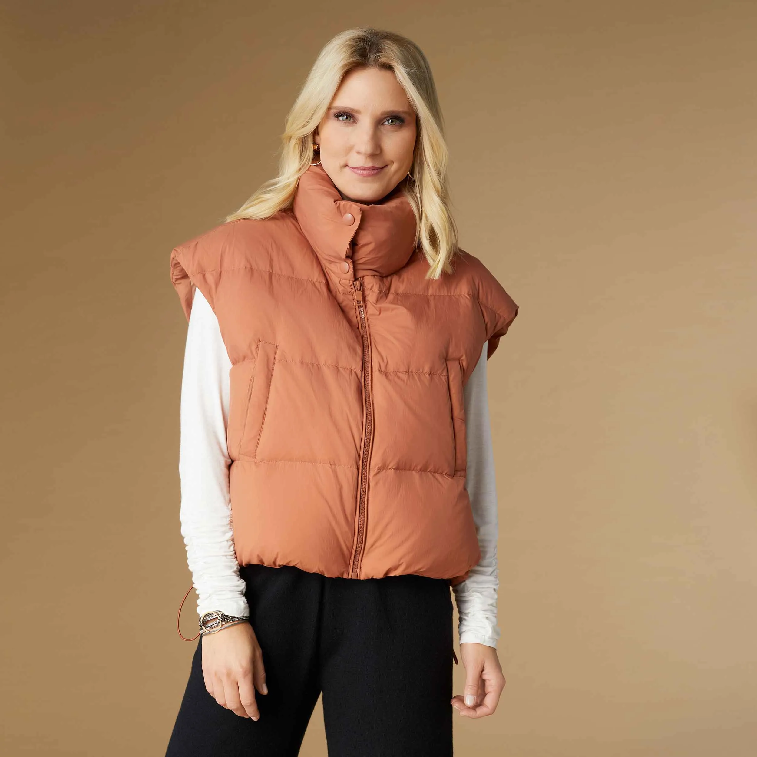 Jana Chunky Down Vest with Cinched Bottom - Rust