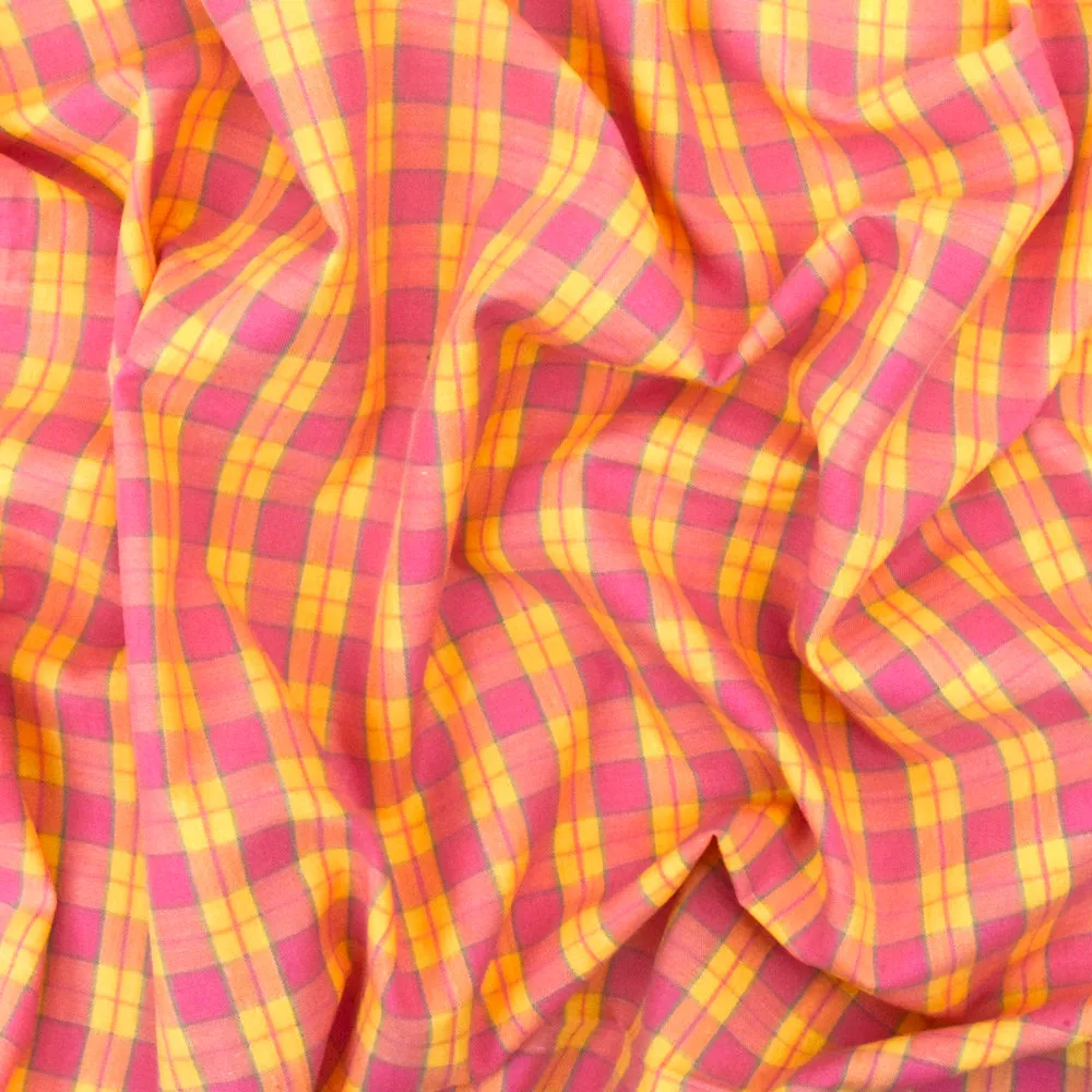 Lollipop Pink-Yellow-Green Plaid Cotton Polyester Madras Woven Fabric