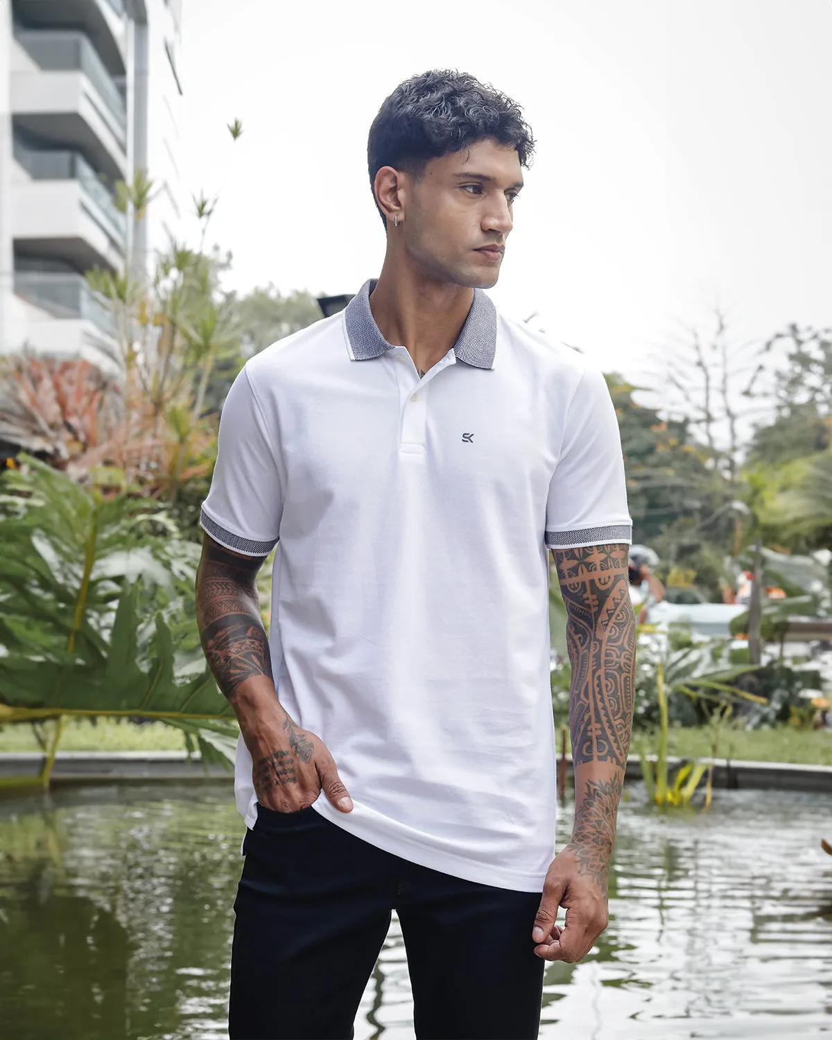 Men's White Pure Cotton Polo T-Shirt with Unique Collar and Sleeves