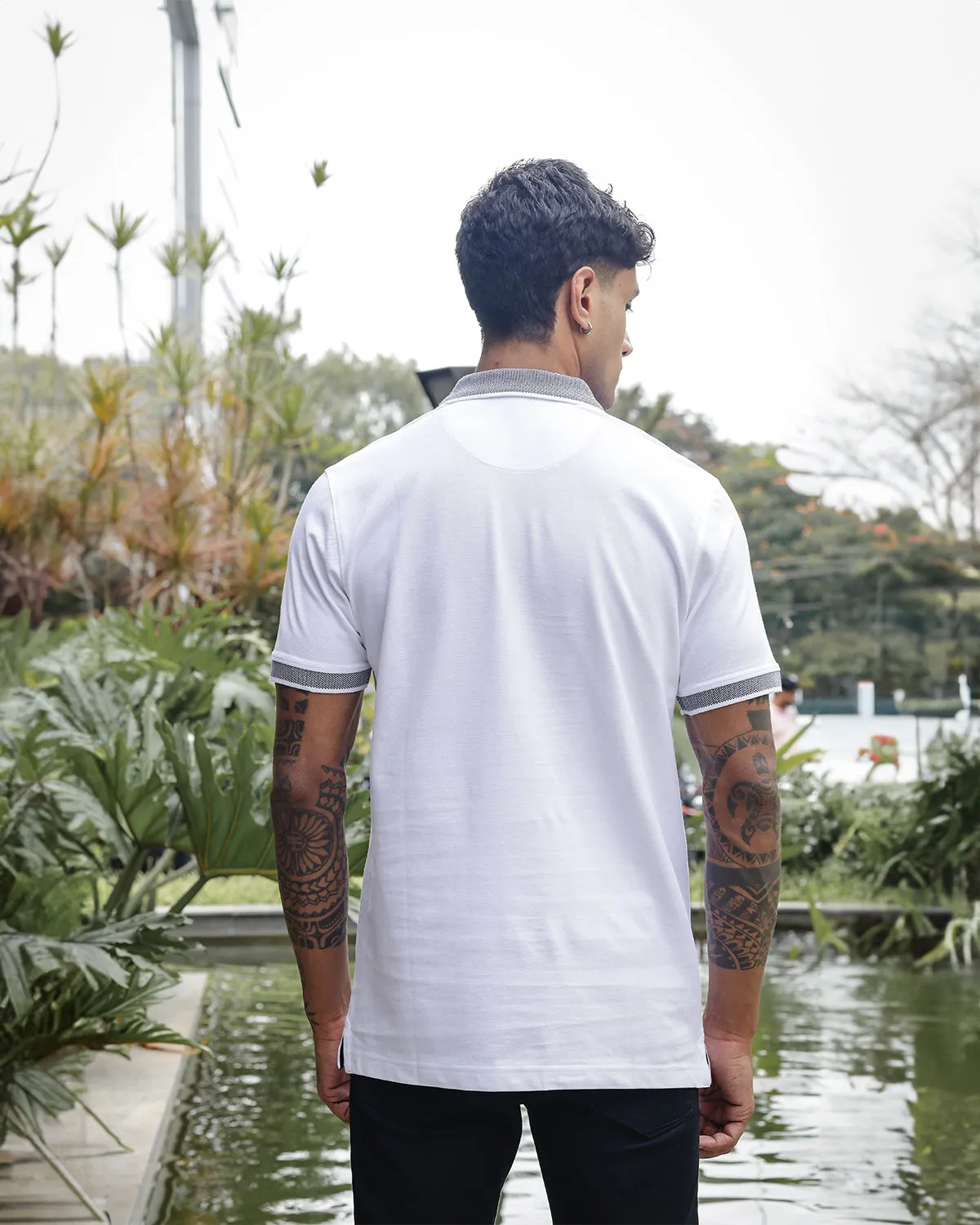 Men's White Pure Cotton Polo T-Shirt with Unique Collar and Sleeves