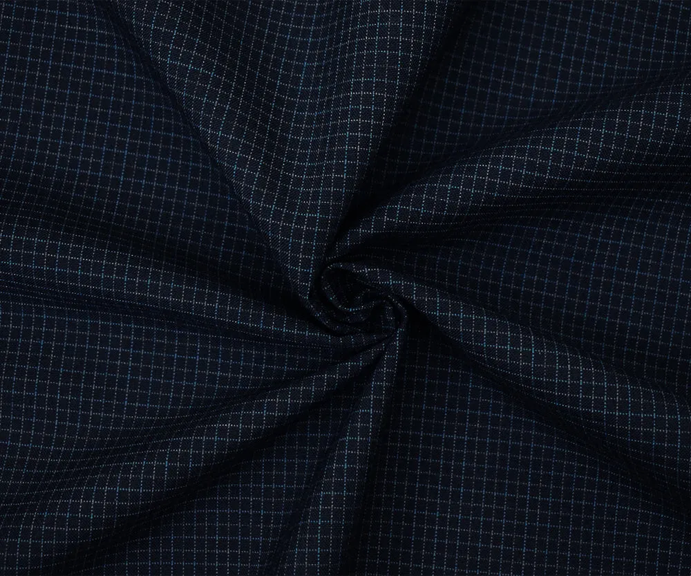 Navy-Blue-Gray Wool Poly Grid Check Woven Shirting Fabric