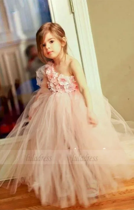 New fashion Cute Pink one shoulder ball gown flower girl dress puffy tulle tiered party dresses for girls