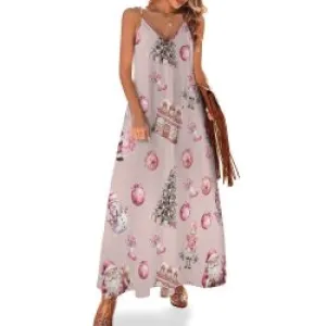 Pink Christmas Spaghetti Strap Ankle-Length Dress Long dress