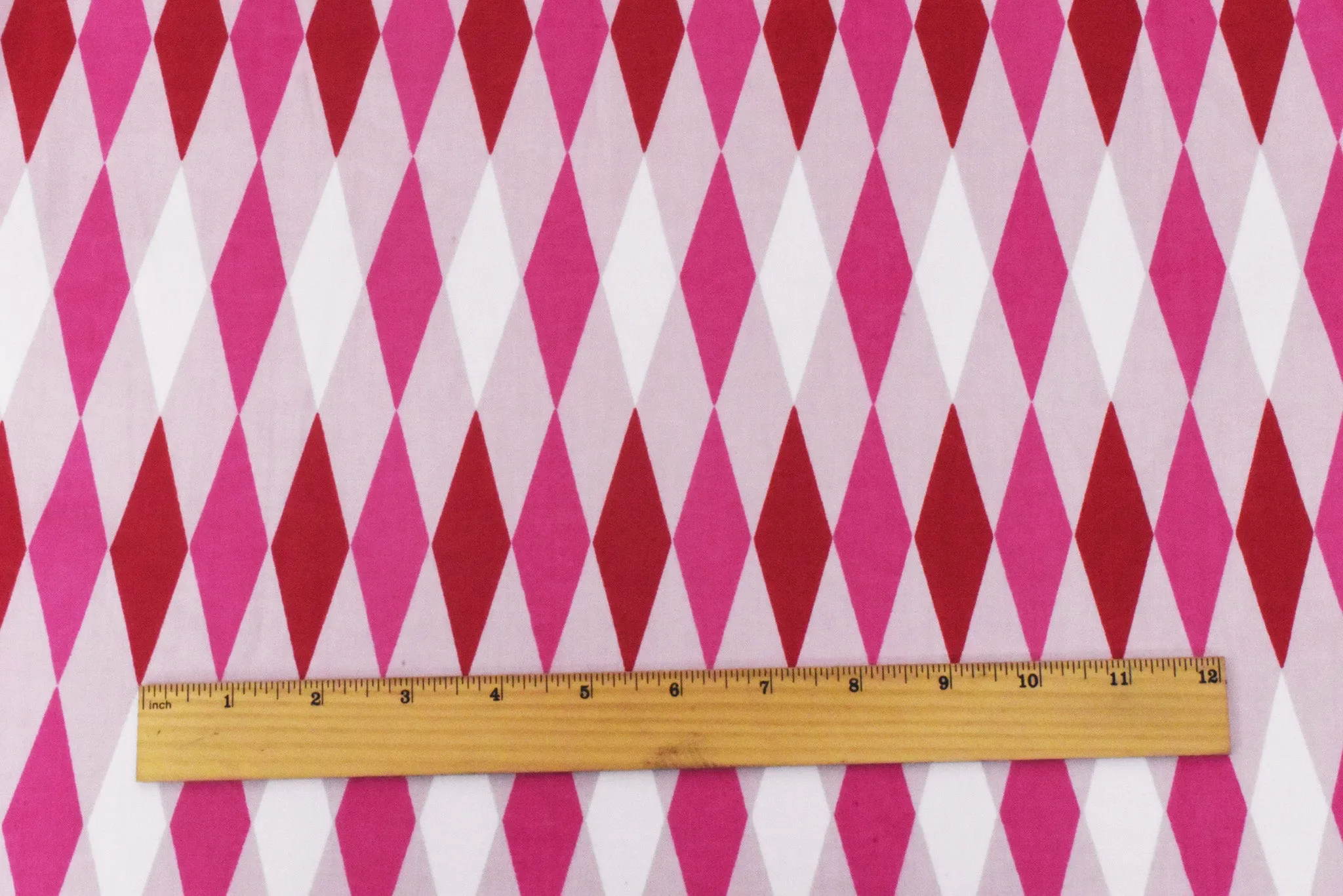 Pink-Red-Multi Diamond Printed Stretch Cotton Twill Sateen Woven Fabric