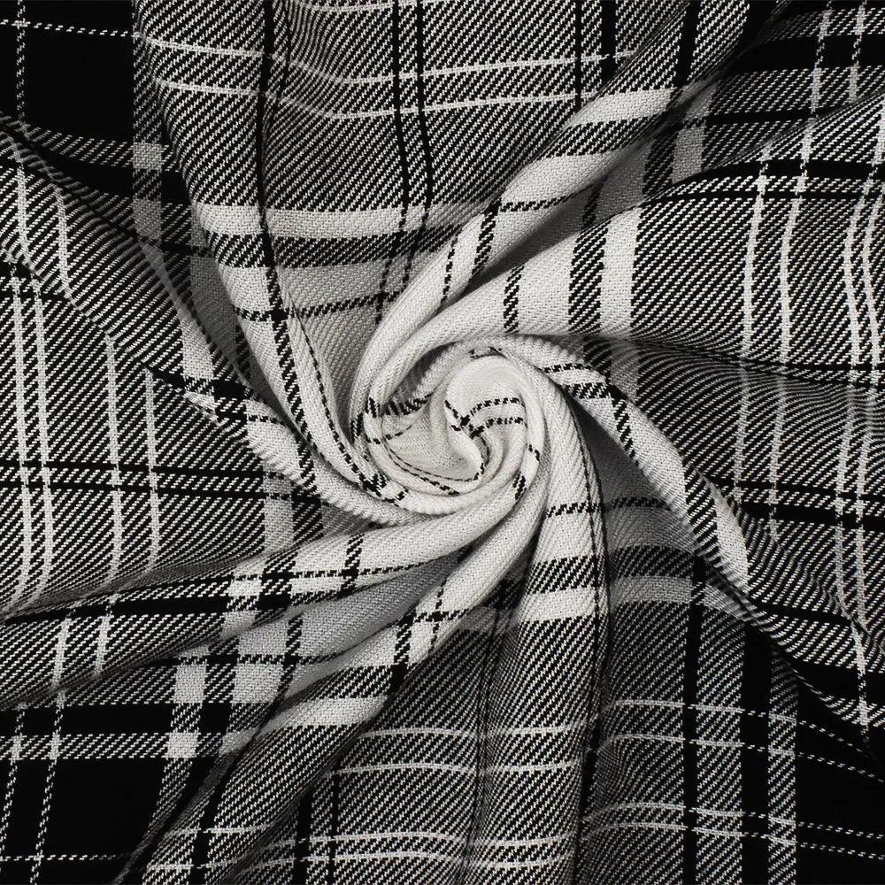 Pitch Black -White Plaid Rayon Twill Woven Fabric