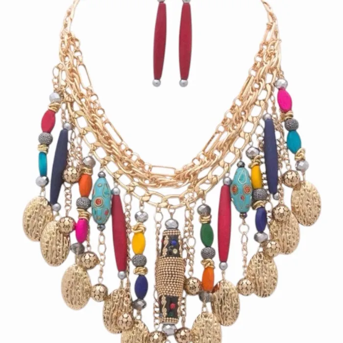 Radiant Layers: Triple Layered Gold Fringe Necklace Set