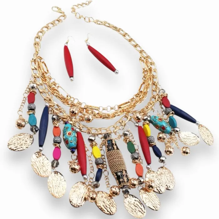 Radiant Layers: Triple Layered Gold Fringe Necklace Set