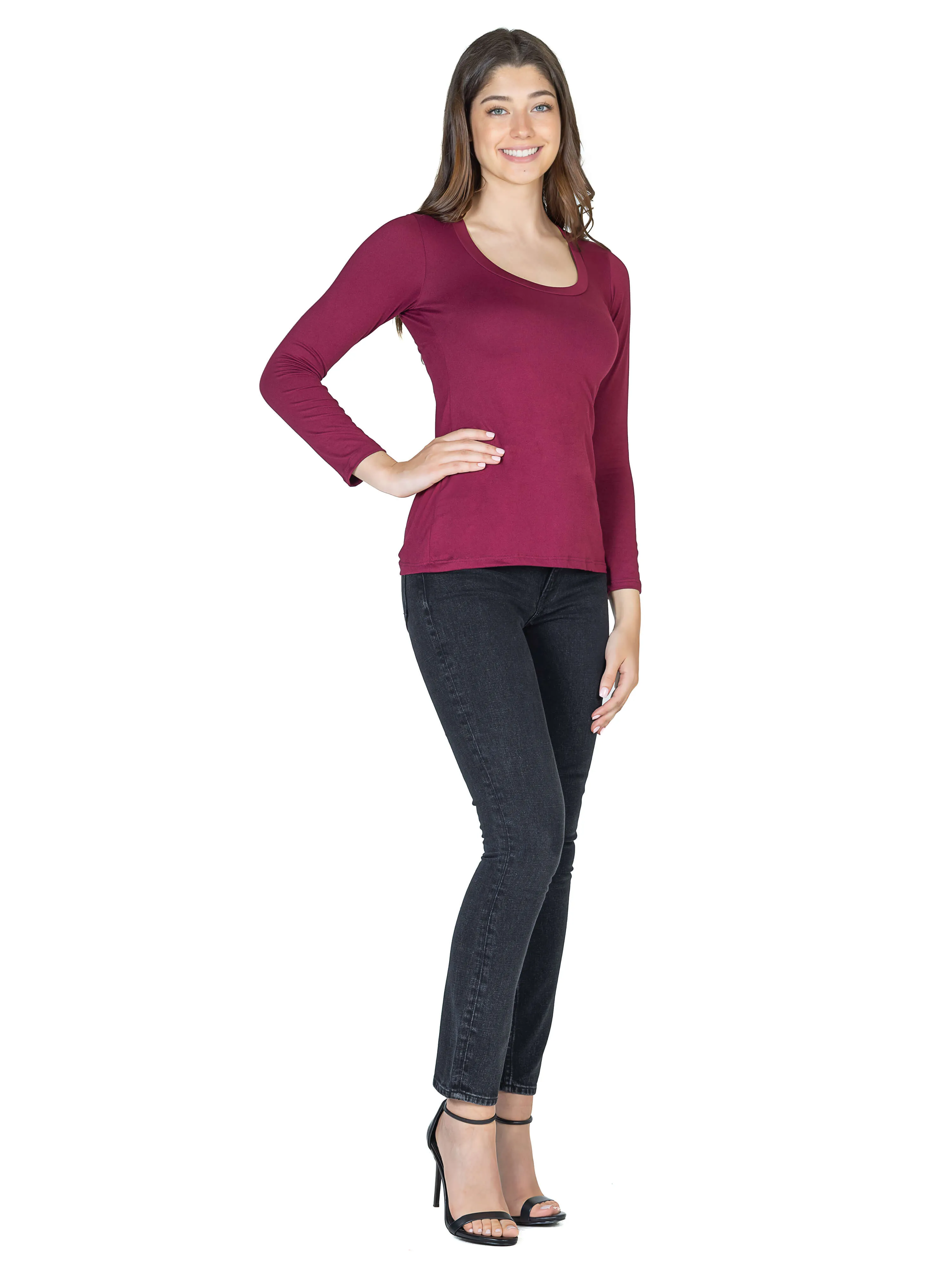 Solid Long Sleeve Scoop Neck Womens Tee