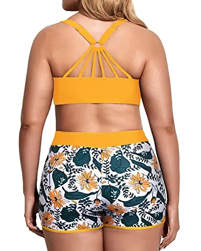 Sporty Plus Size Tankini Swimsuits With Sports Bra For Women-Yellow Flower