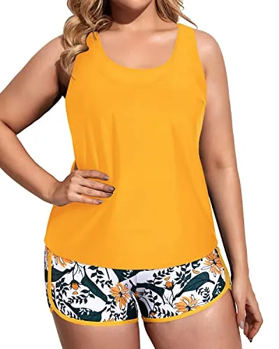 Sporty Plus Size Tankini Swimsuits With Sports Bra For Women-Yellow Flower