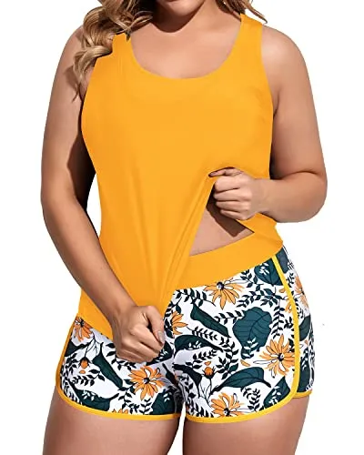 Sporty Plus Size Tankini Swimsuits With Sports Bra For Women-Yellow Flower