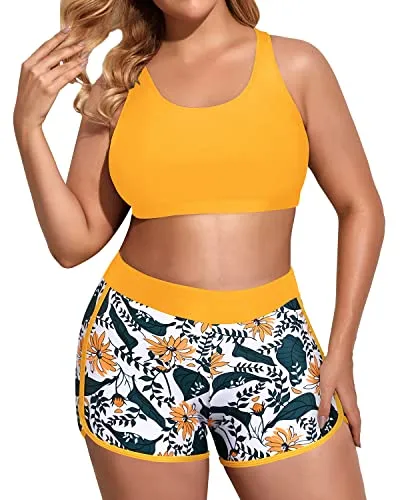 Sporty Plus Size Tankini Swimsuits With Sports Bra For Women-Yellow Flower