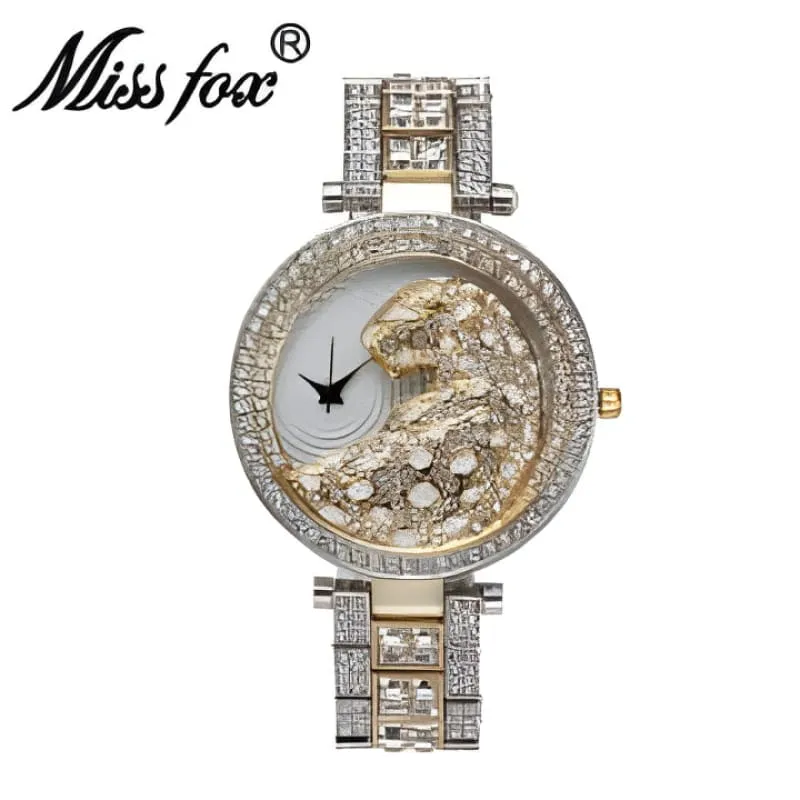 Stylish Gold Quartz Watch with Crystal Bling and Leopard Print Design