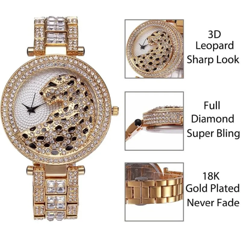 Stylish Gold Quartz Watch with Crystal Bling and Leopard Print Design