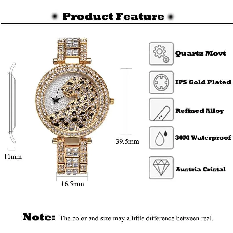 Stylish Gold Quartz Watch with Crystal Bling and Leopard Print Design