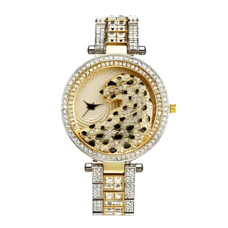 Stylish Gold Quartz Watch with Crystal Bling and Leopard Print Design