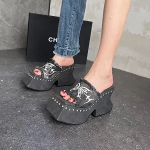 Stylish Platform Slides for Women, High Heel Pumps, Black Denim Rivet Heels, Peep Toe Square Head High Heels, Square Toe Platform Slippers