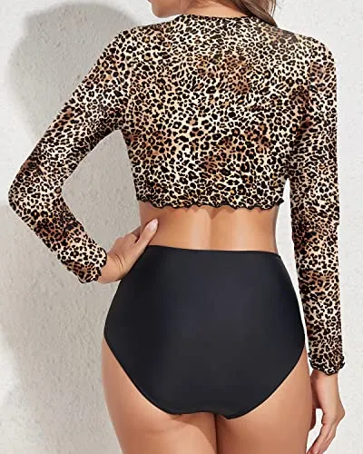 Swim Shirt Crop Long Sleeve Rash Guard For Women-Black And Leopard