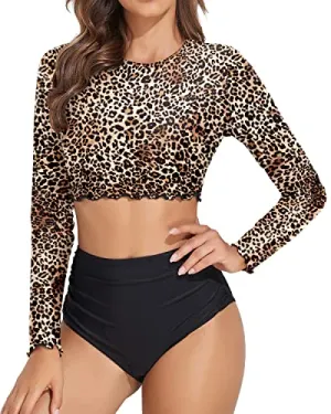 Swim Shirt Crop Long Sleeve Rash Guard For Women-Black And Leopard